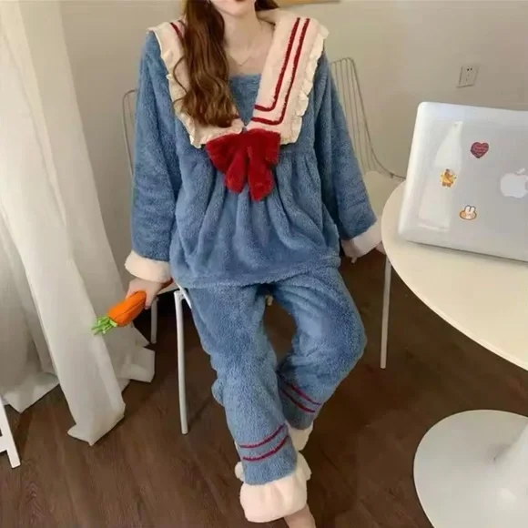 New Pajama Sets Women Sweet Japan Style Lounge Kawaii Sleepwear Flannel - Picture 7 of 8